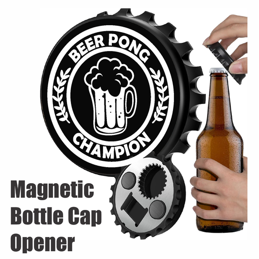 Beer Pong Champion - Designer Beer Bottle Opener Magnet for Refrigerator, Gifts for Beer Lovers, Black