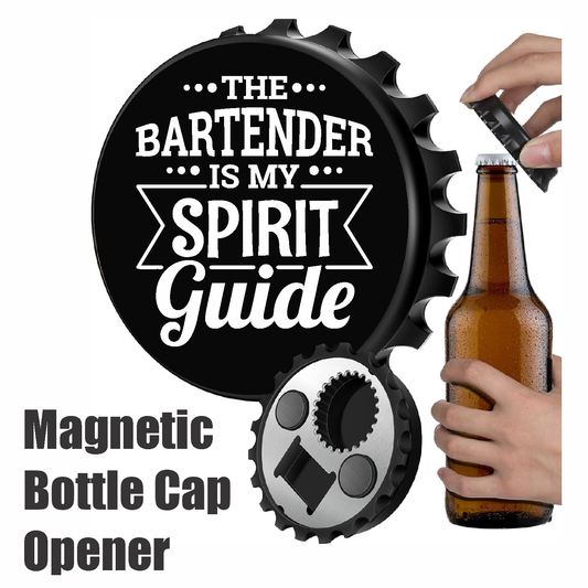 The Bartender Is My Spirit Guide - Designer Beer Bottle Opener Magnet for Refrigerator, Gifts for Beer Lovers, Black