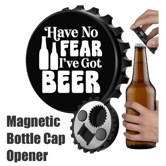 Have No Fear I've Got Beer - Designer Beer Bottle Opener Magnet for Refrigerator, Gifts for Beer Lovers, Black