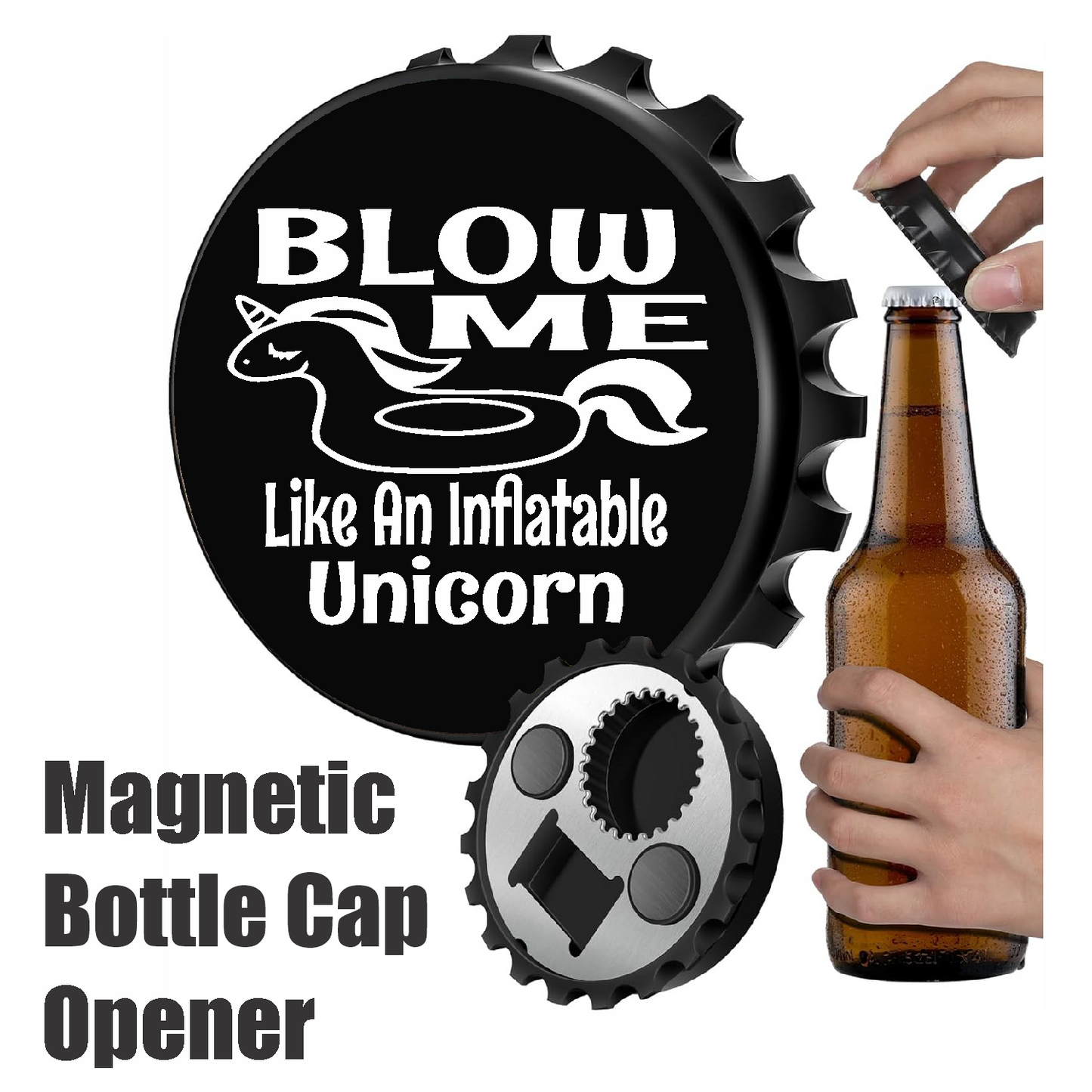 BLOW ME Like An Inflatable Unicorn - Designer Beer Bottle Opener Magnet for Refrigerator, Gifts for Beer Lovers, Black