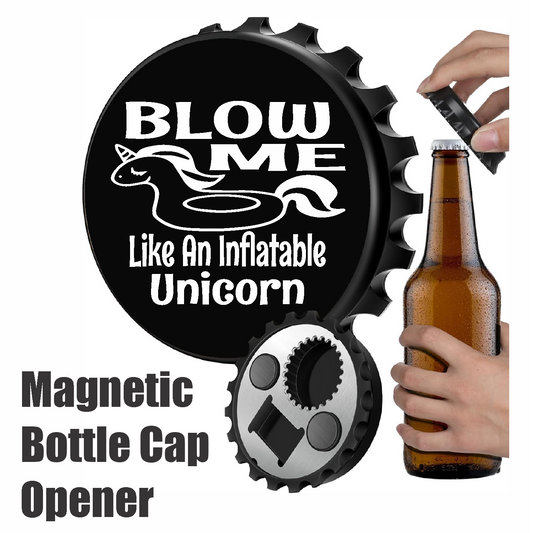 BLOW ME Like An Inflatable Unicorn - Designer Beer Bottle Opener Magnet for Refrigerator, Gifts for Beer Lovers, Black