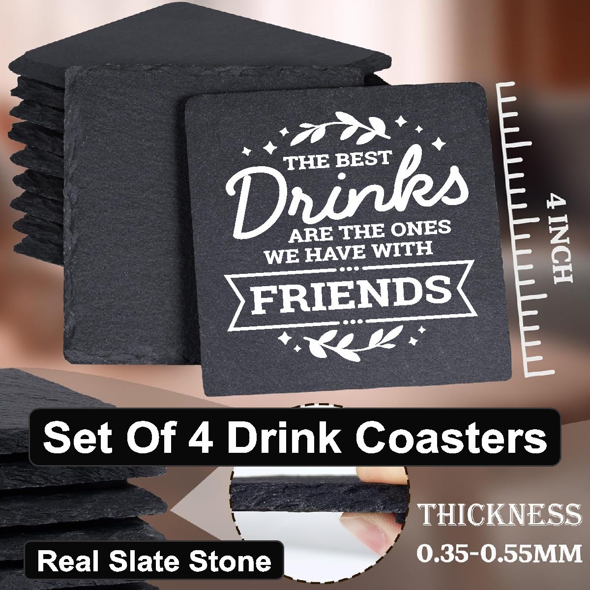 The Best Drinks Are The Ones With Friends - Set of 4 Black Slate Stone Coasters