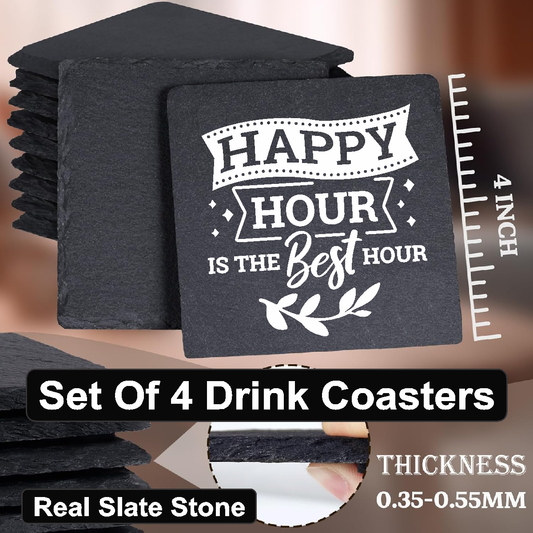Happy Hour Is The Best Hour - Set of 4 Black Slate Stone Coasters