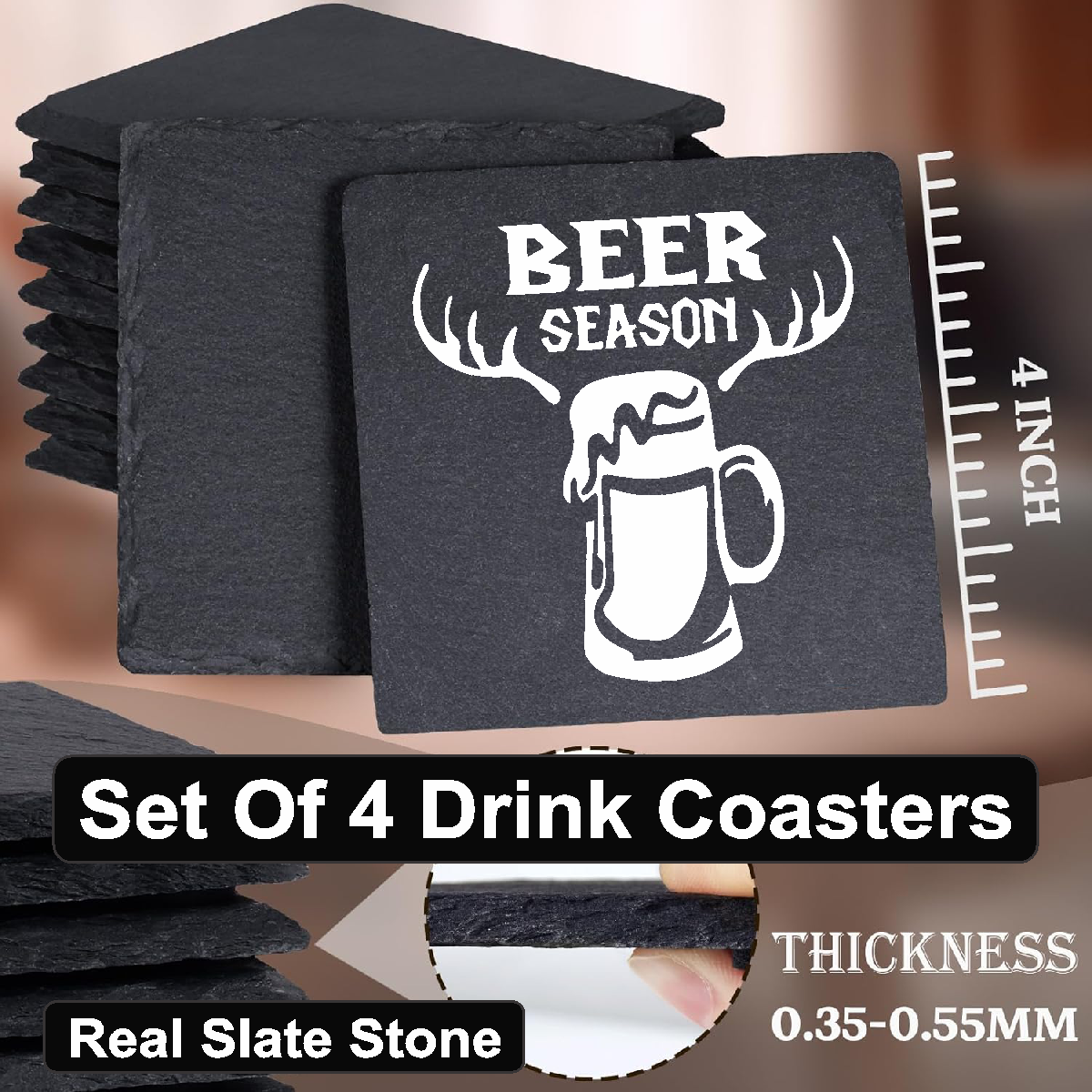 BEER Season - Set of 4 Black Slate Stone Coasters
