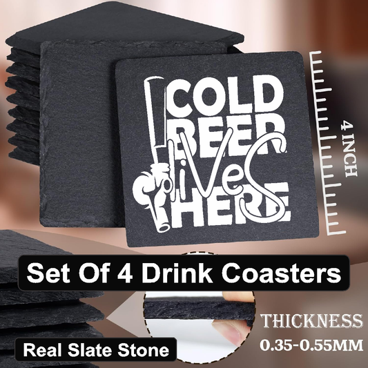 Cold Beer Lives Here - Set of 4 Black Slate Stone Coasters