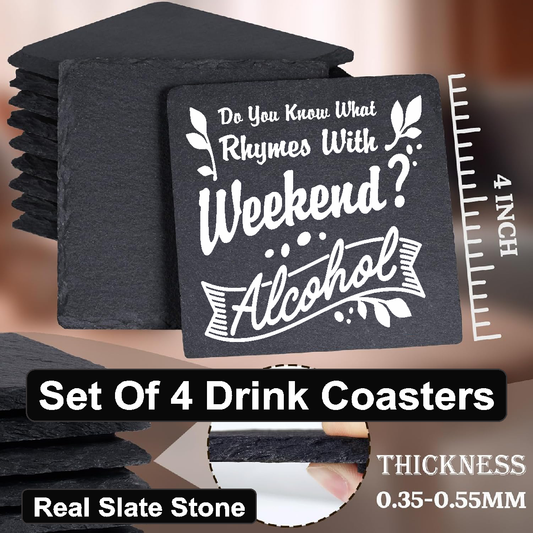 Rhymes With Weekend - Set of 4 Black Slate Stone Coasters