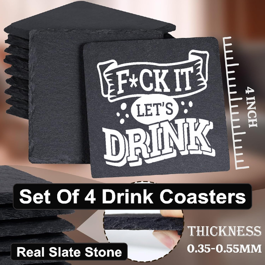 "F" Let's Drink - Set of 4 Black Slate Stone Coasters