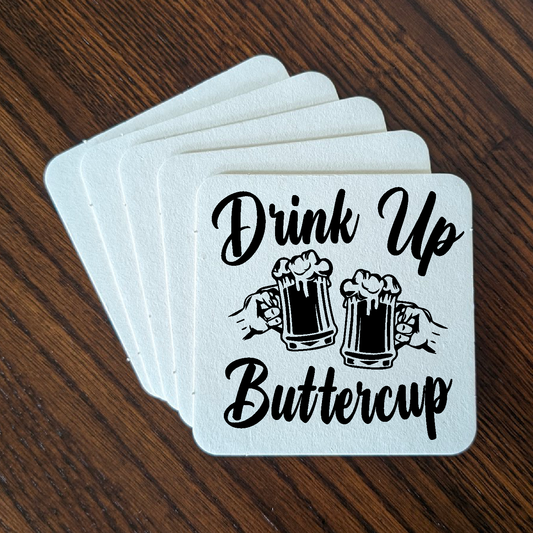Drink Up Buttercup - Set of 24, 48, or 96 Reusable Cardboard Coasters