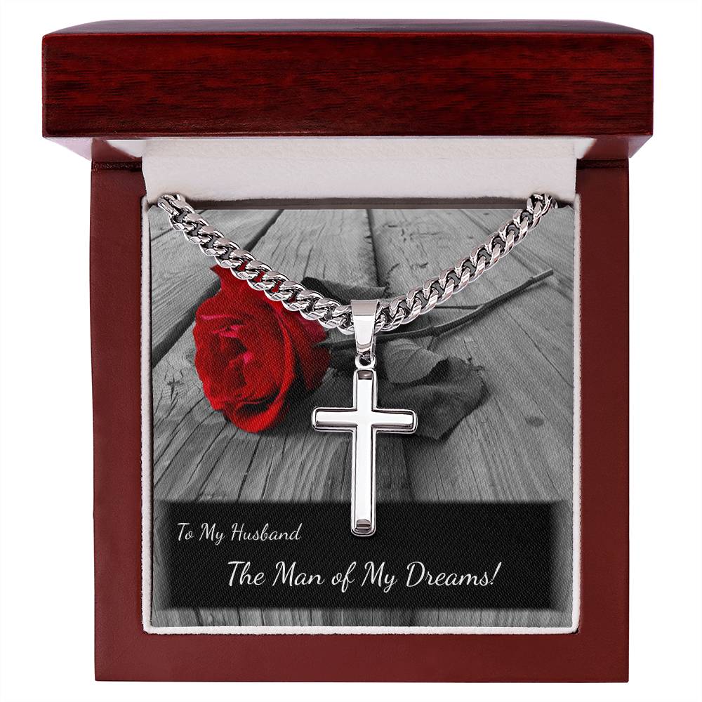 Steel Cross Necklace on Cuban Chain with Personalized Message