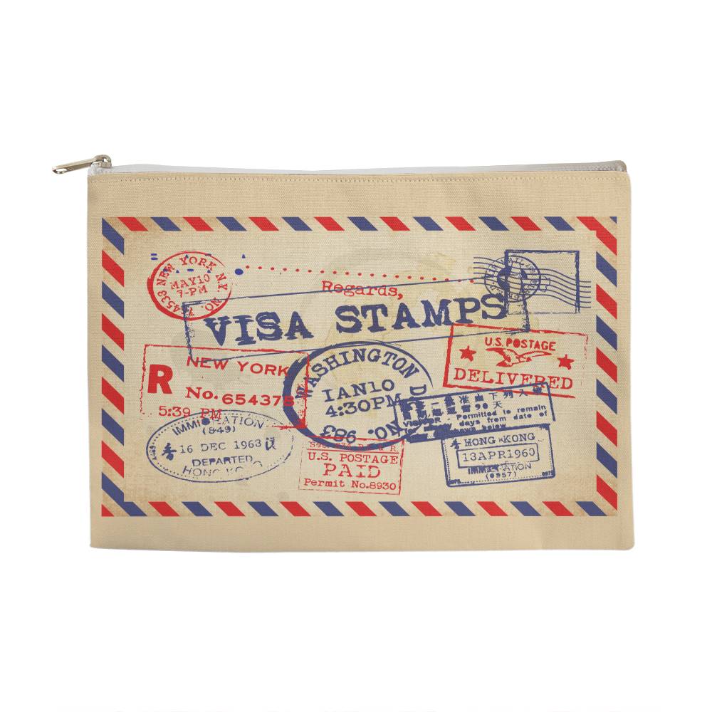 Visa Stamps, Post Card - Large Fabric Zippered Pouch