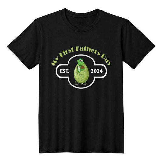 My First Father's Day - Hatching Green Dinosaur - Est. 2024 - Black Bella + Canvas 3001 Jersey Tee