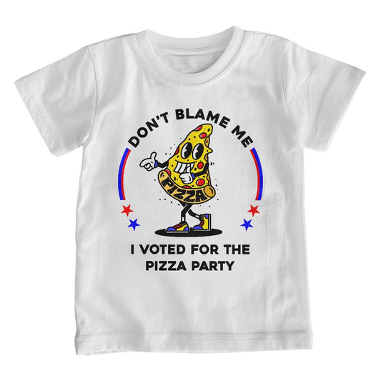 Youth Sized White T-shirt ~ Don't Blame Me, I Voted For The Pizza Party. Funny Political Parody kids shirt